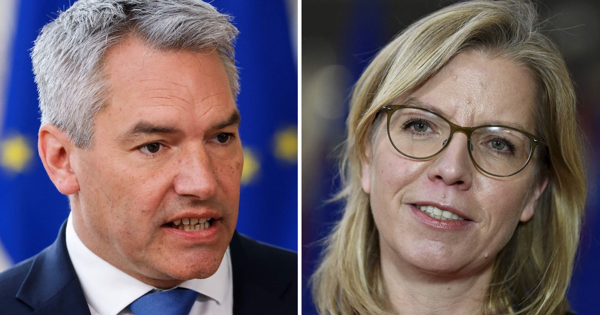 Karl Nehammer und Leonore Gewessler, beide im Porträt, Montage