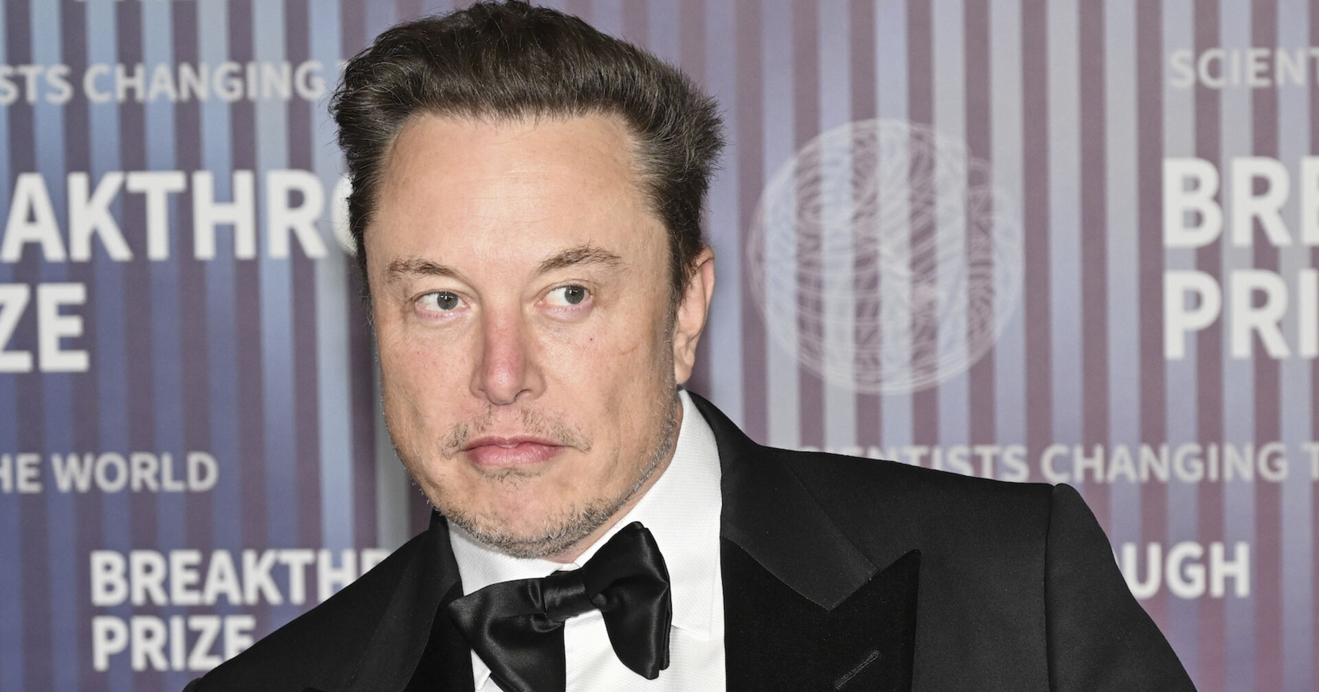 Elon Musk von einer Fotowand im Smoking.