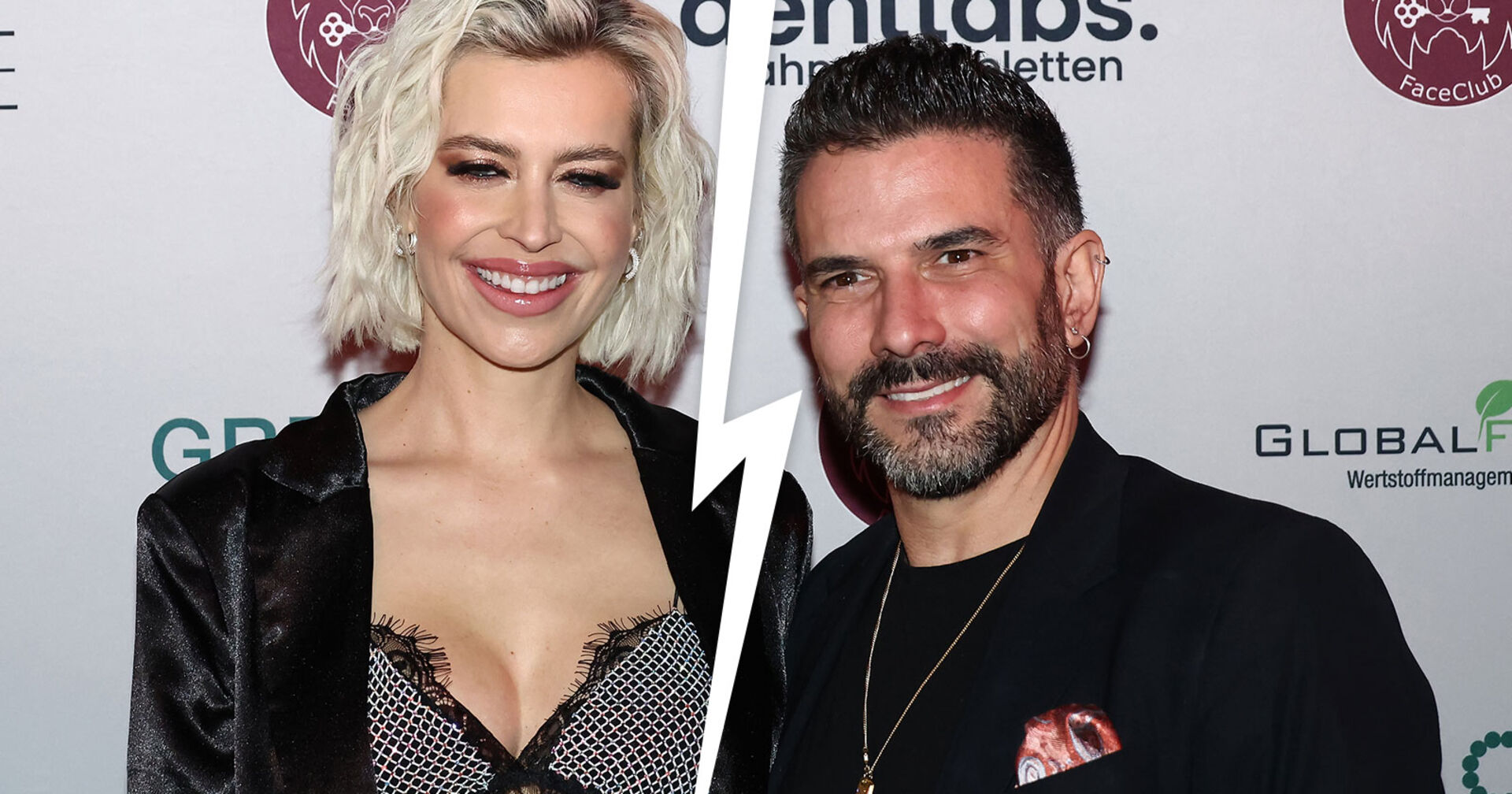 Verena Kerth und Marc Terenzi vor einer Fotoleiwand. Zwischen ihnen ist ein Blitz der die Trennung verdeutlicht.