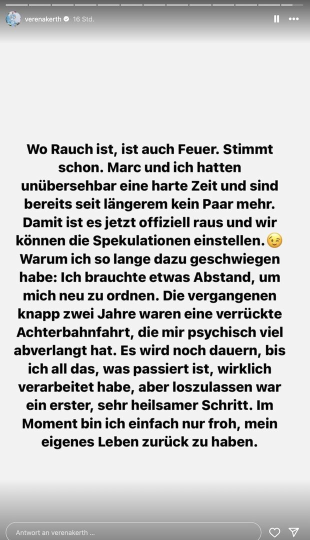 Ein Screenshot von einer Instagram Story von Verena Kerth über die Trennung von Marc Terenzi.