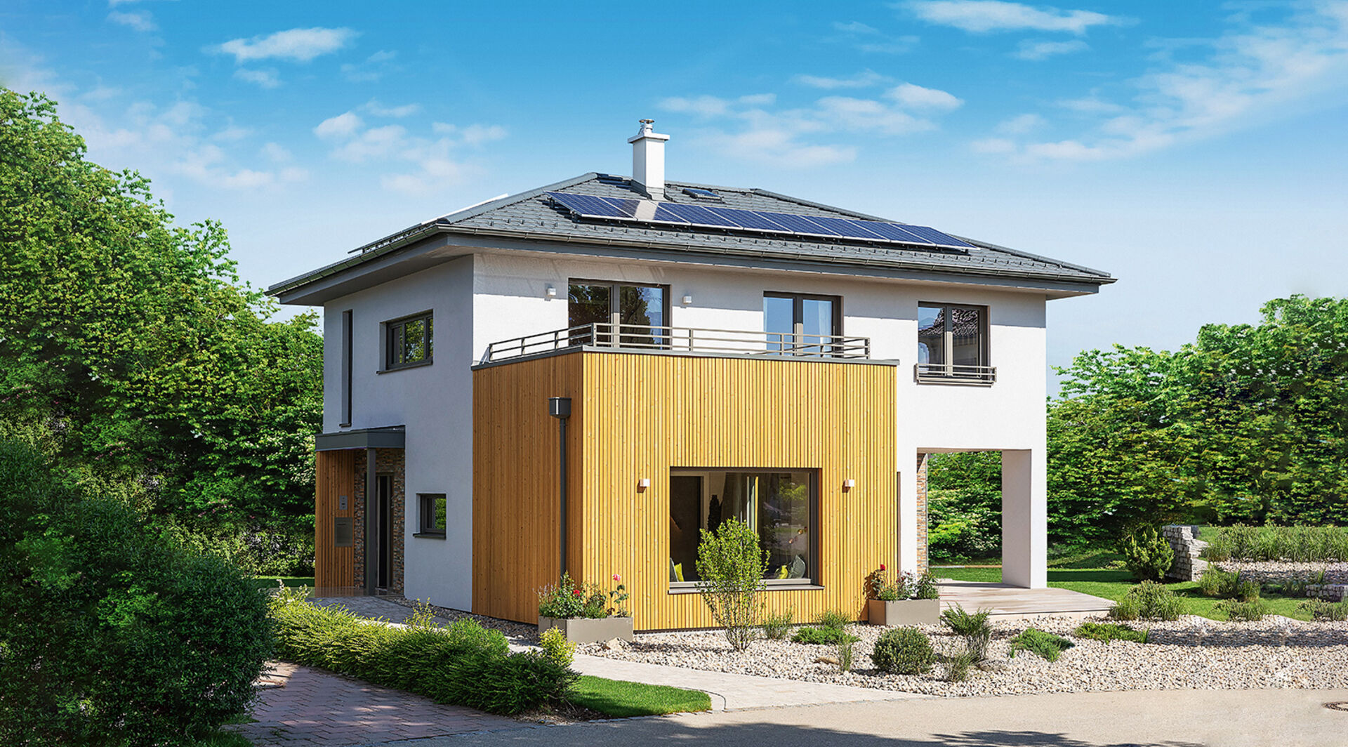 Modernes Wohnhaus mit weißer Fassade und Holzelementen | Credit: HARTL HAUS