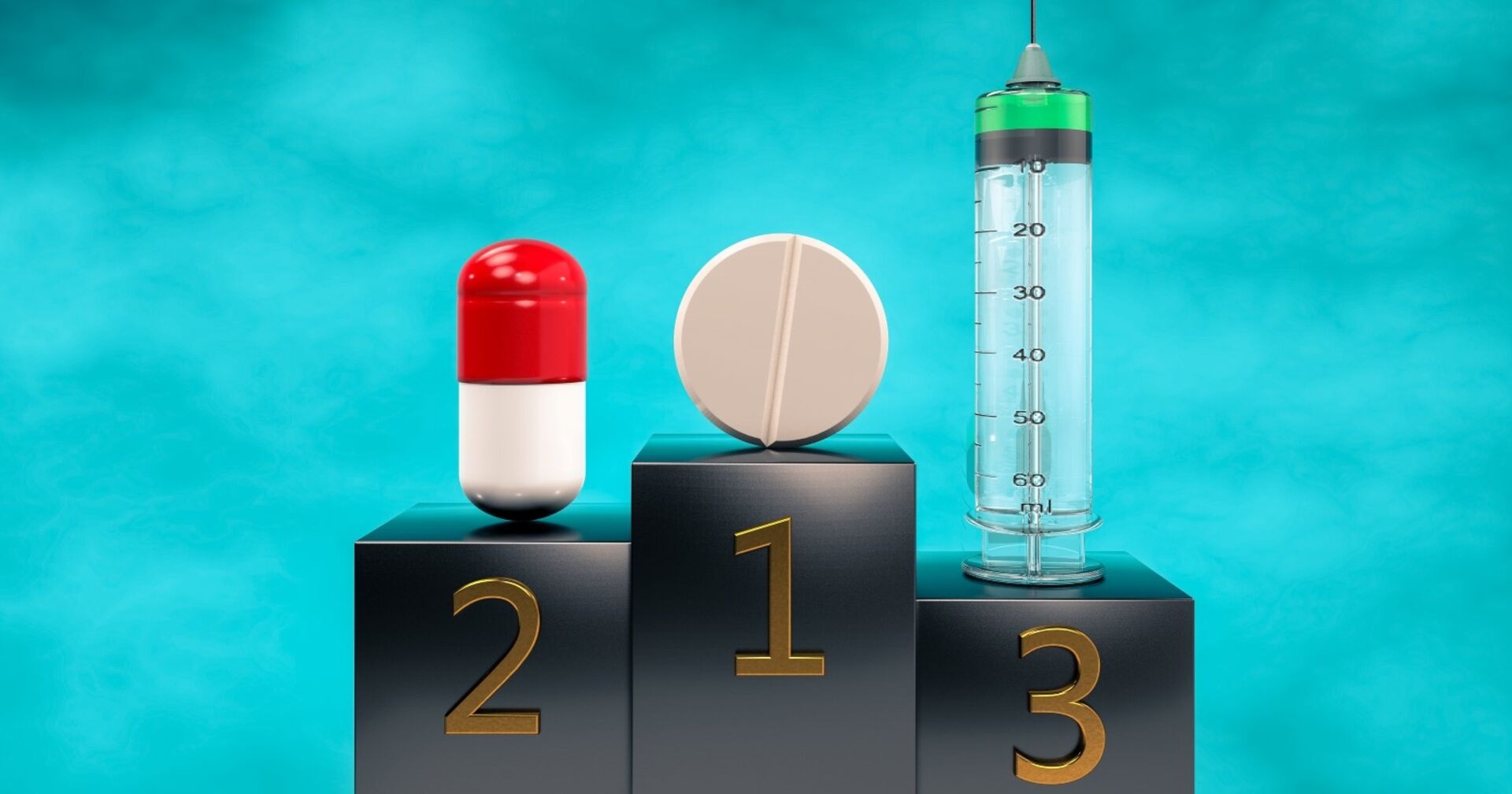 Illustration eines Podests mit Tabletten, Pillen und Spritzen auf dem Siegrtreppchen