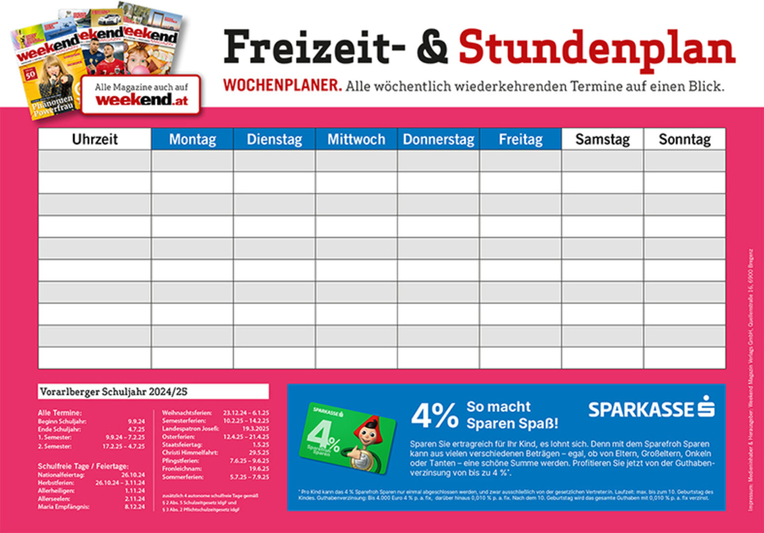 Alle wichtigen Schul- und Ferien­termine auf einen Blick: Der Stundenplan ­eignet sich auch als Freizeit­planer für Familien und Vereine.
