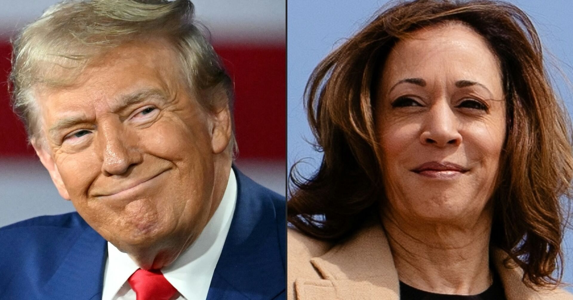 Porträt eines grinsenden Trump, links, und eiterlächelnden Harris, rechts