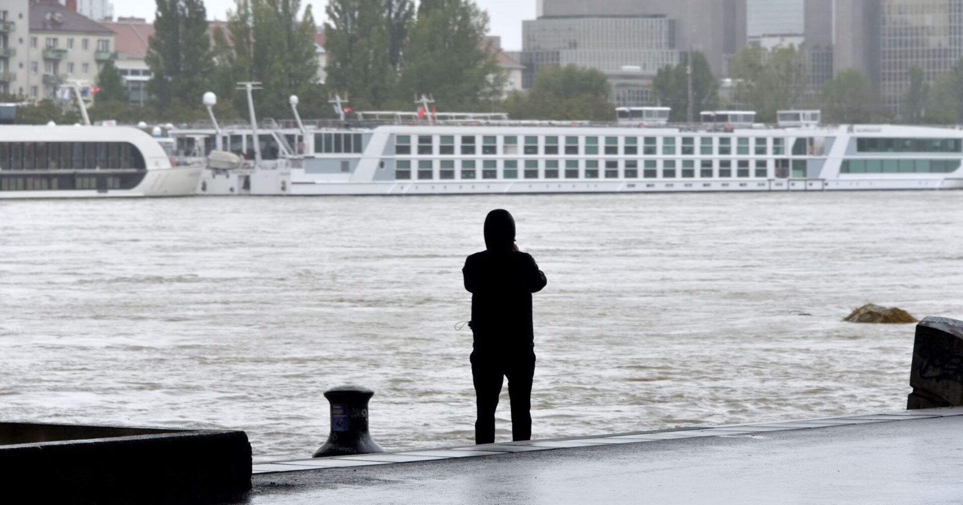 Ein Mann beobachtet die Donau mit gestrandeten Reiseschiffen.