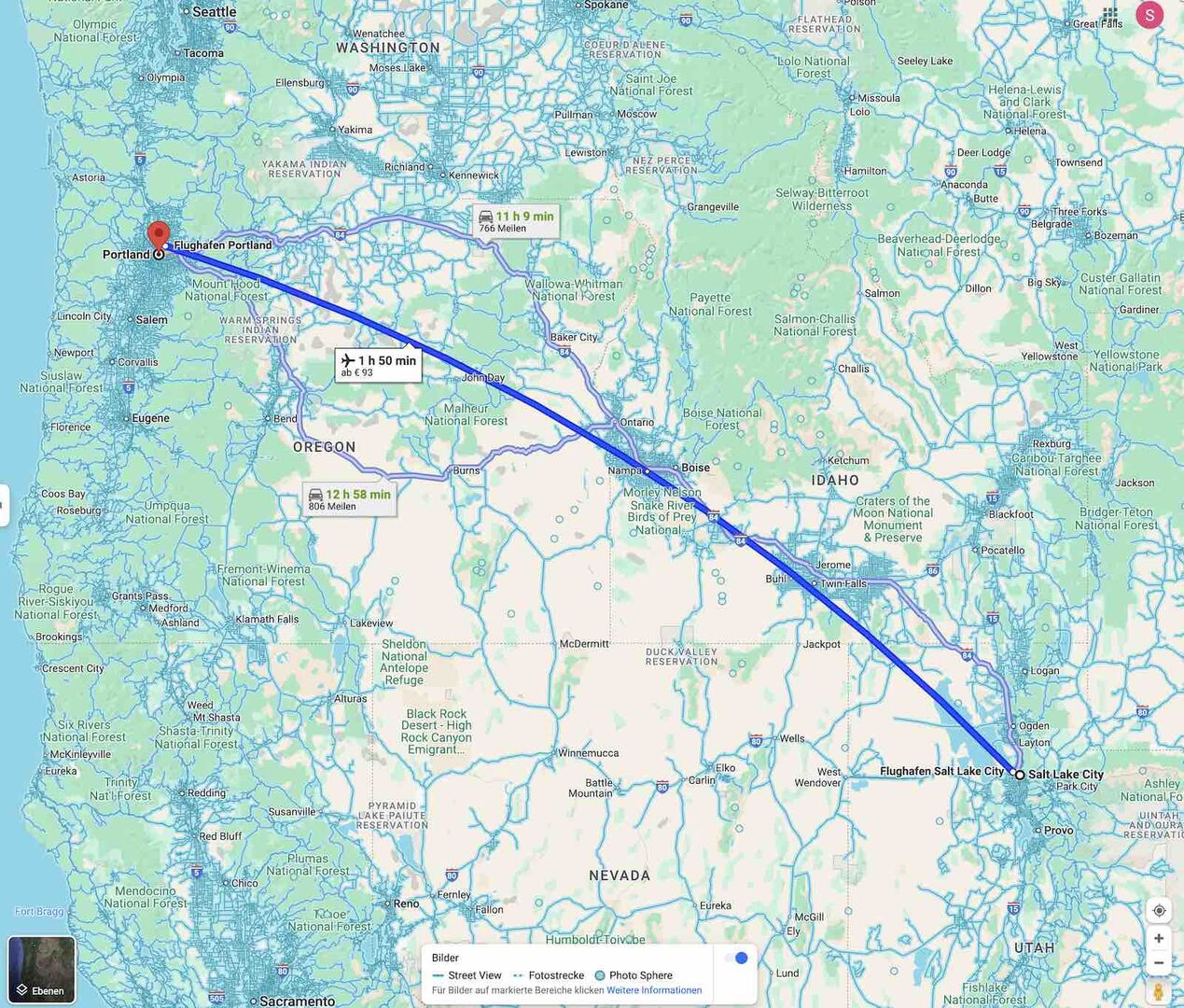 Die Google Maps-Flugrouten von Salt Lake City nach Portland.