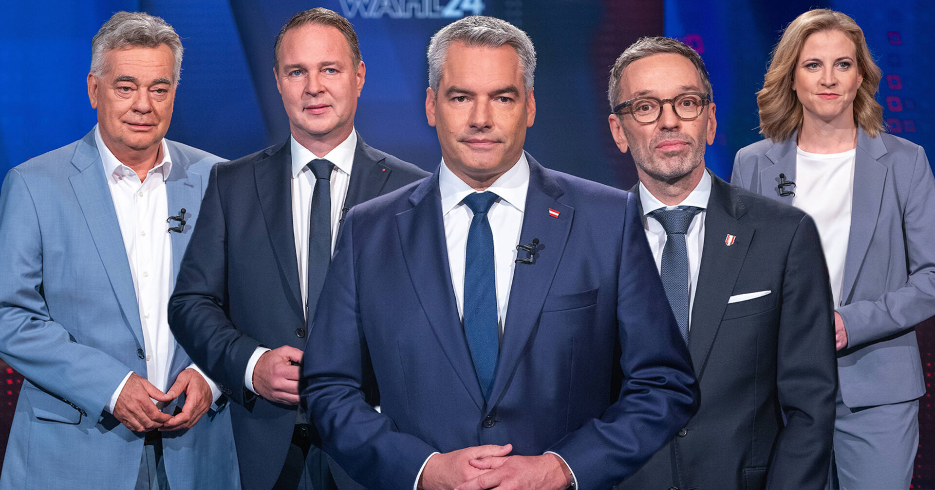 Die Spitzenkandidaten Werner Kogler (Grüne), Andreas Babler (SPÖ), Karl Nehammer (ÖVP), Herbert Kickl (FPÖ) &amp; Beate Meinl-Reisinger (NEOS)