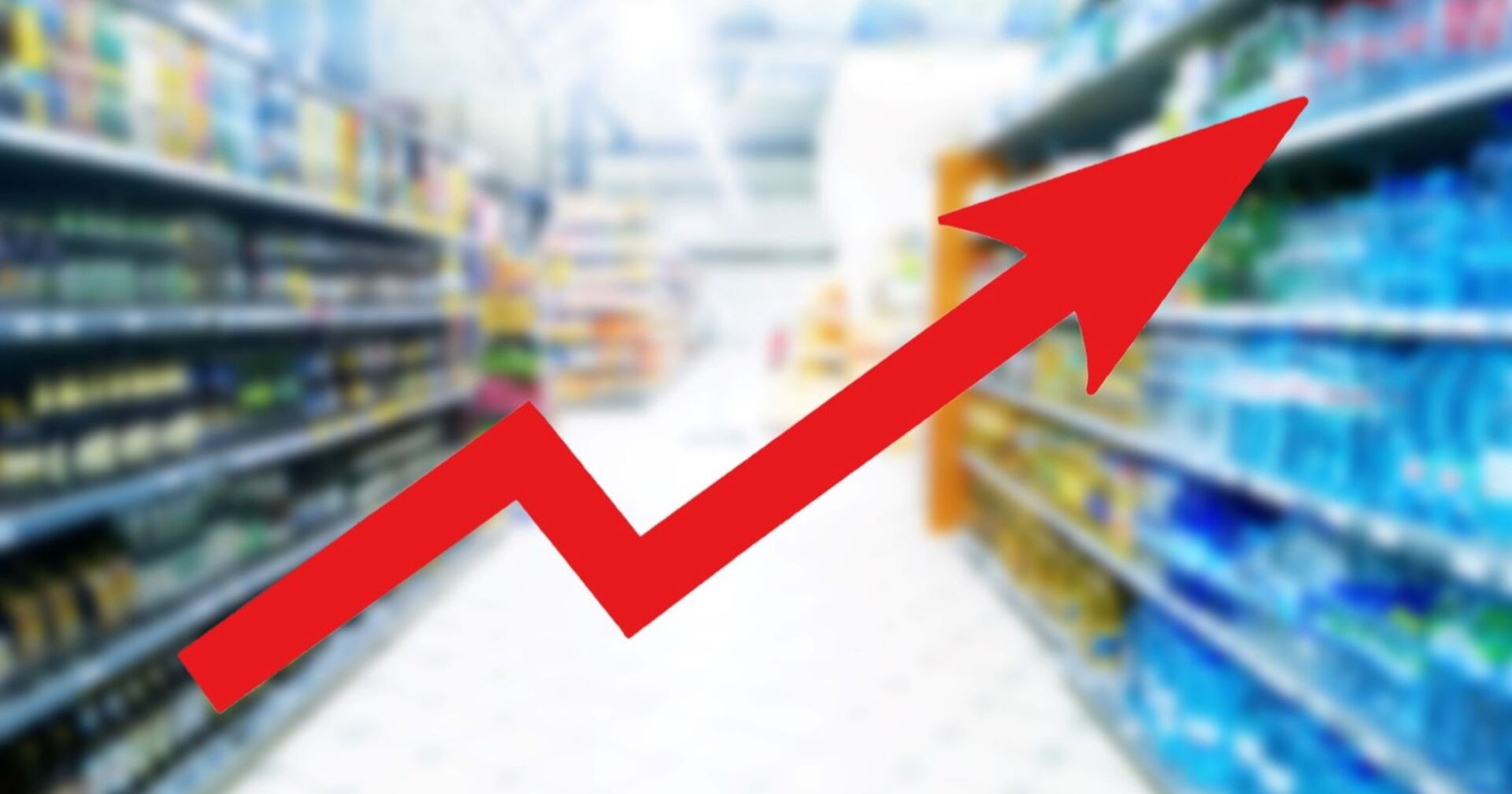 Supermarktgang, darüber ein roter Pfeil nach oben - einkaufen ist teuer geworden.