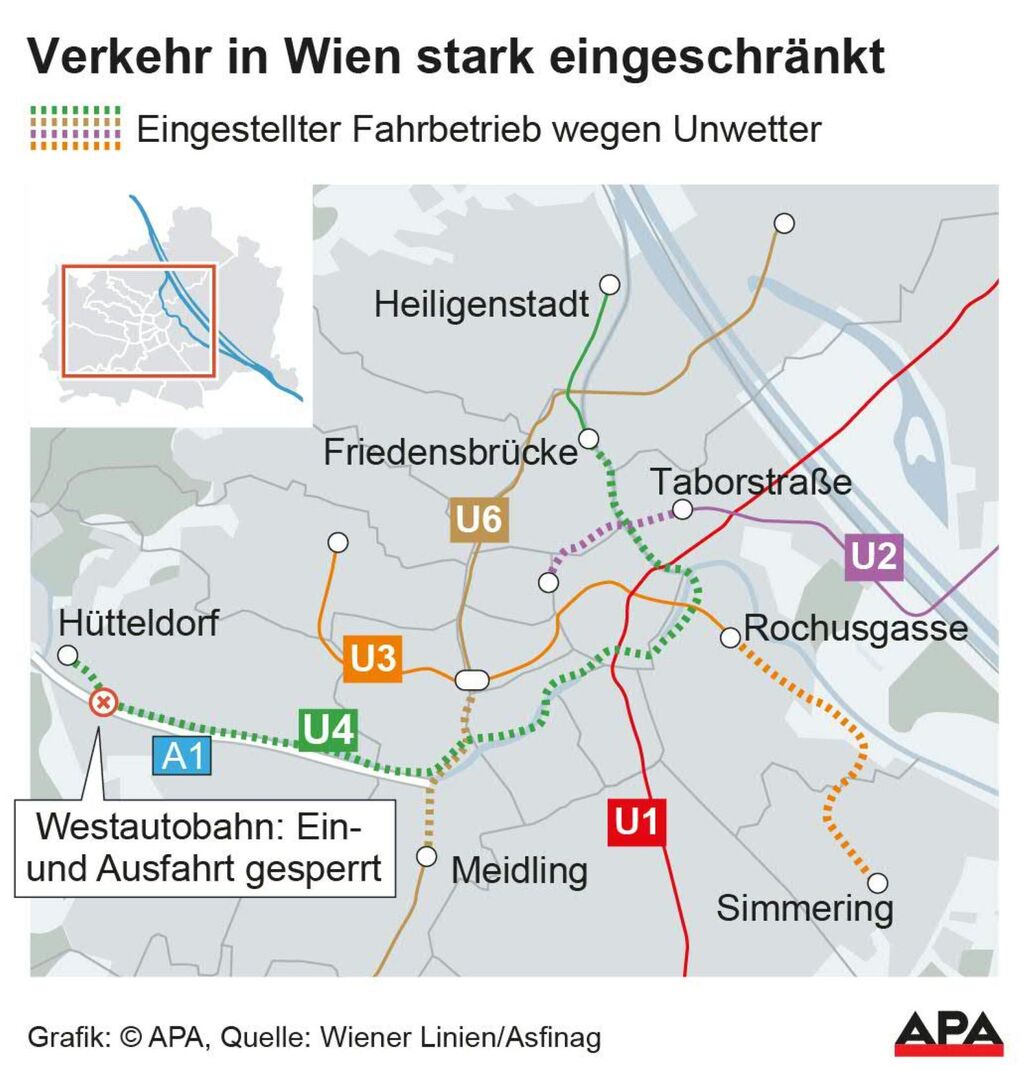 Eingestellter U-Bahn Fahrbetrieb wegen Unwetter; Sperre der Westaus- und einfahrt.