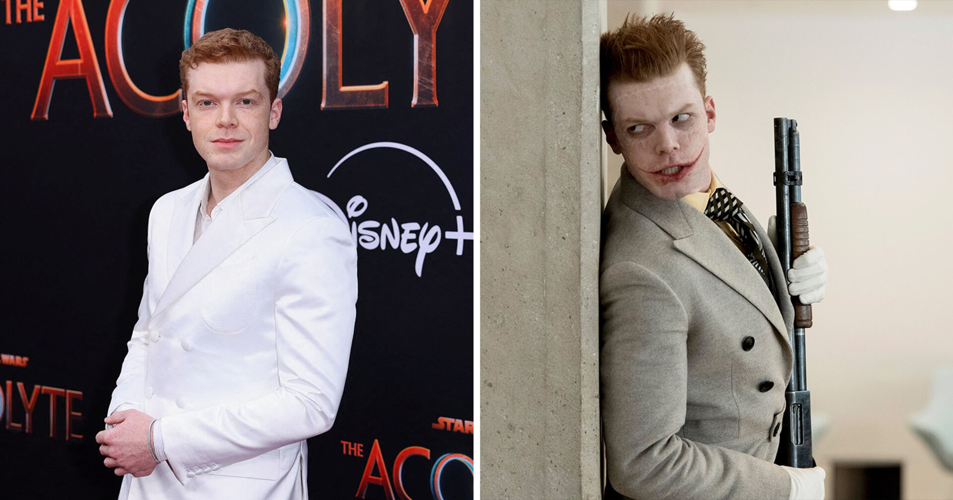 Gegenüberstellung von Cameron Monaghan und seiner Joker-Darstellung.