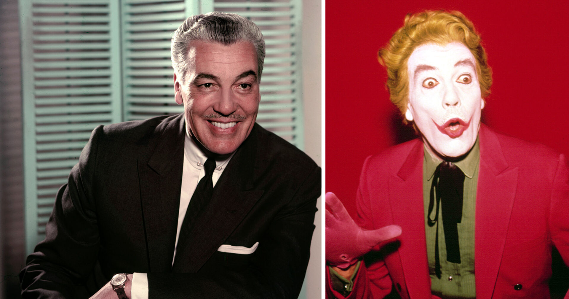 Gegenüberstellung von Cesar Romero und seiner Joker-Rolle.