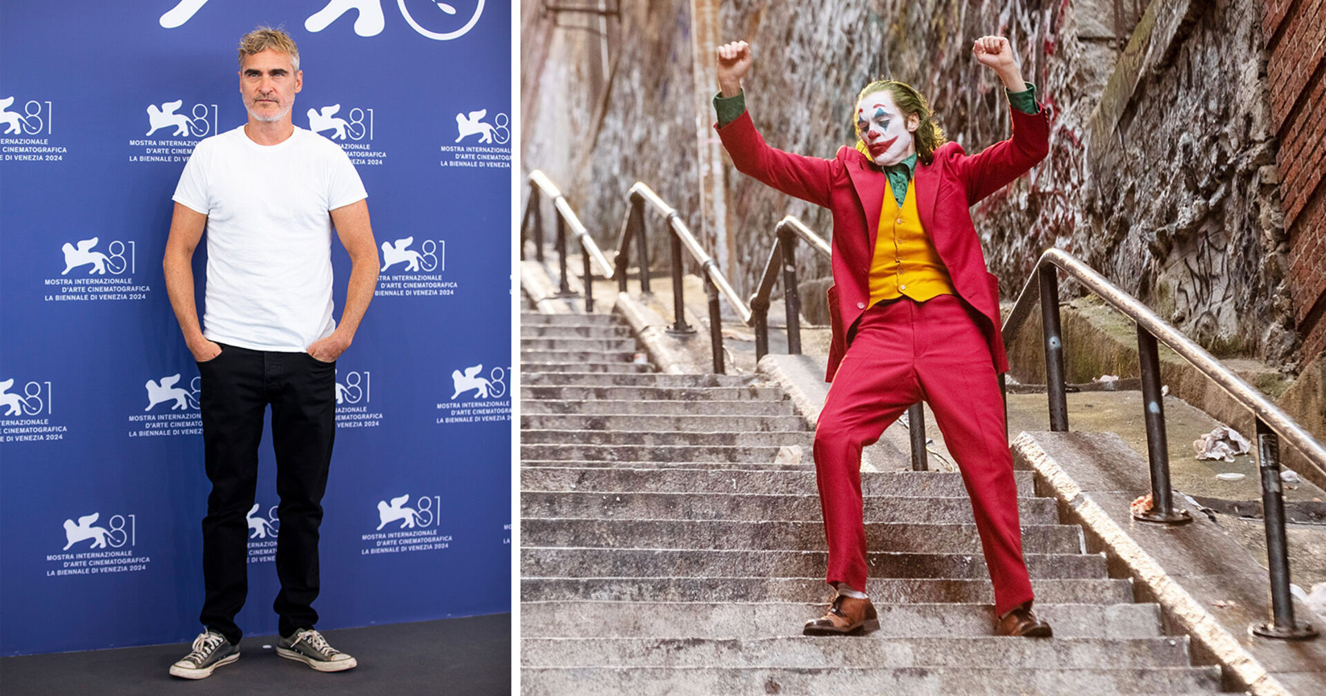 Gegenüberstellung von Joaquin Phoenix und seiner Joker-Rolle.