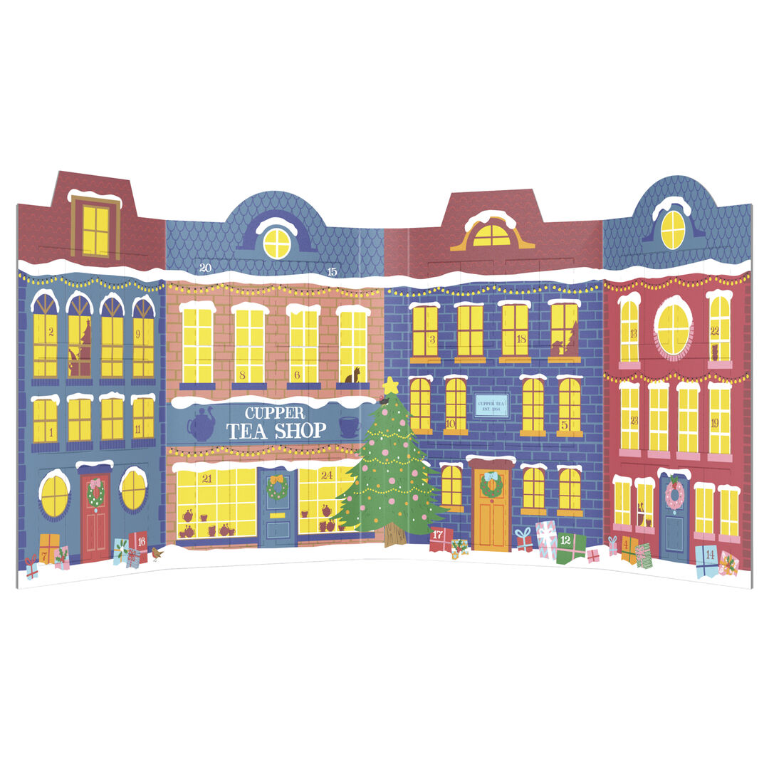 Bunter Adventkalender, der einer Einkaufsstraße ähnelt