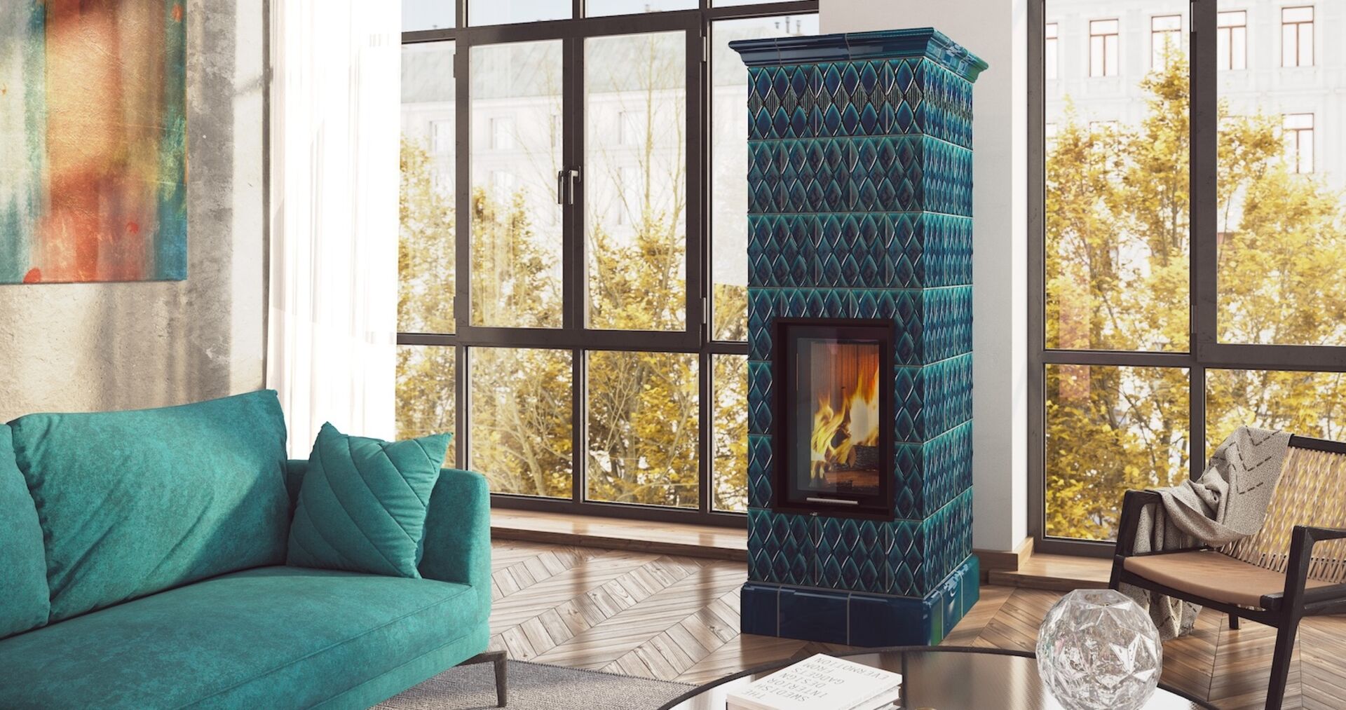 Türkise Kachelofen neben Türkisen Sofa und vor riesigem Fenster