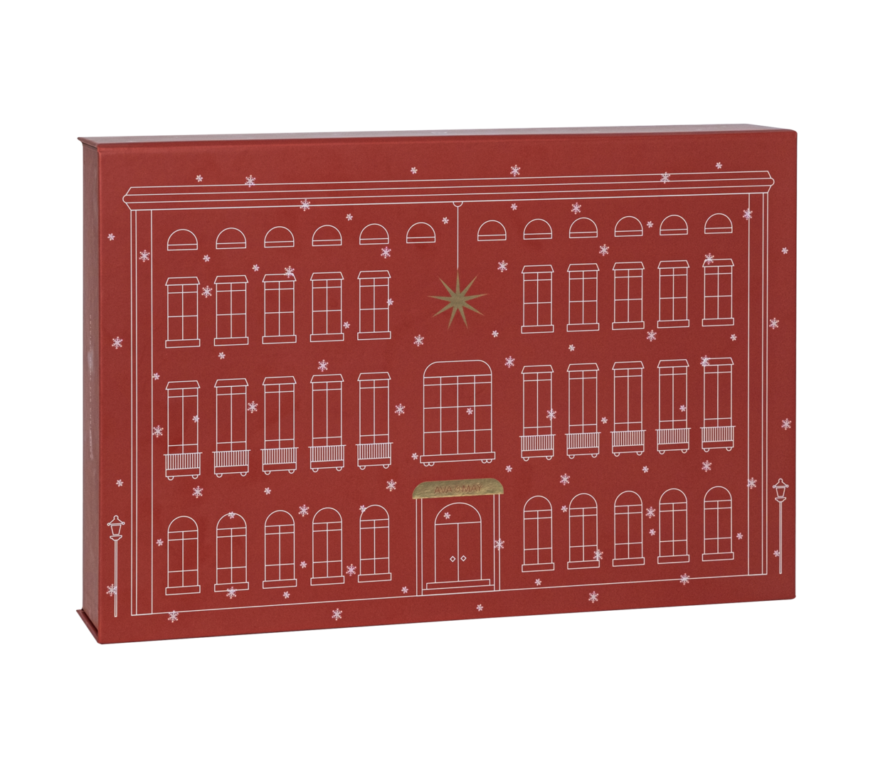 Adventkalender, der an ein rotes Haus erinnert