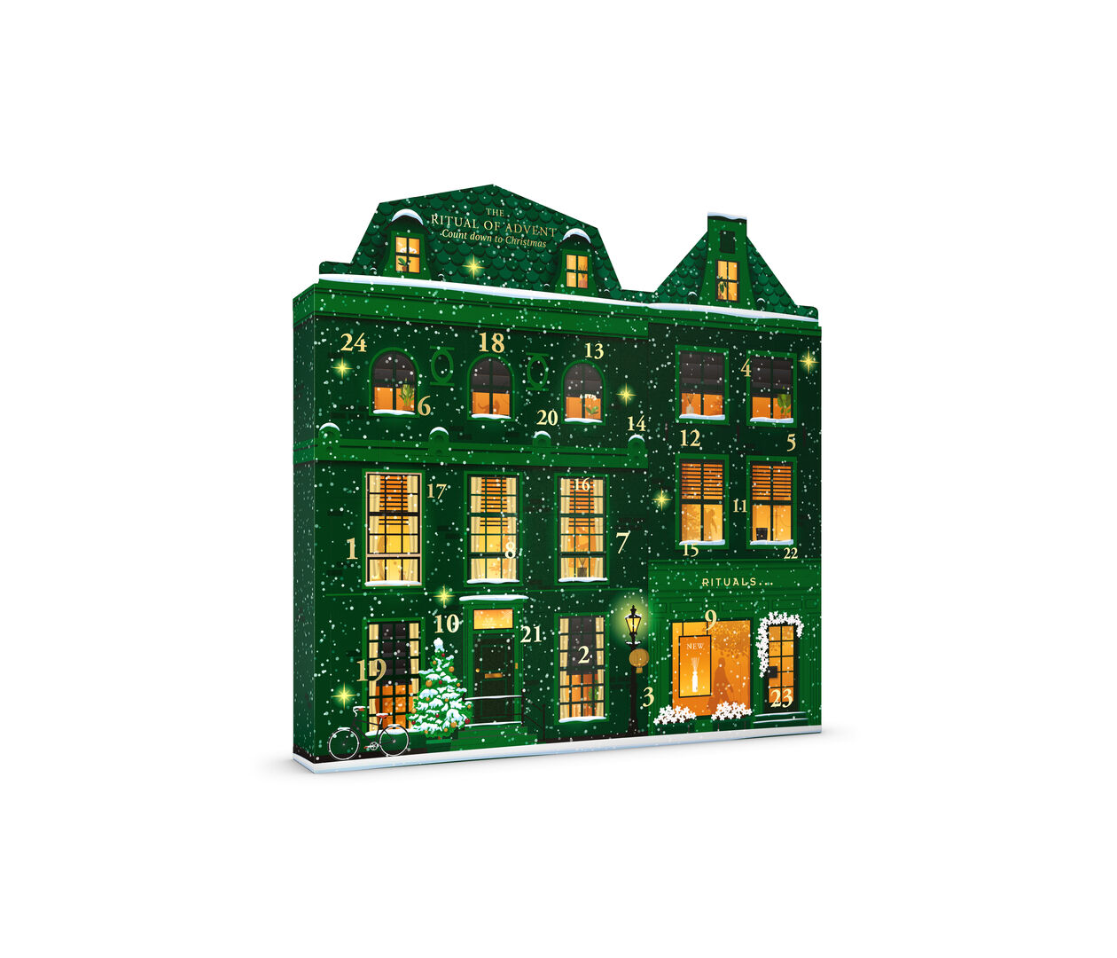 Grüner Adventkalender in der Form eines Hauses