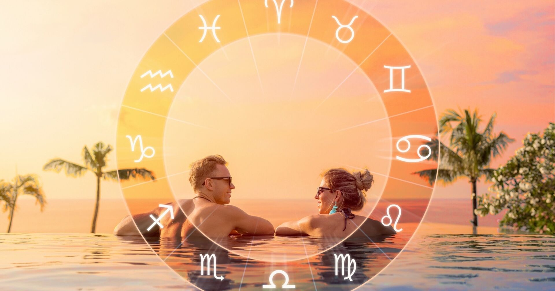 Sternzeichen-Kreis und ein Paar im Urlaub.