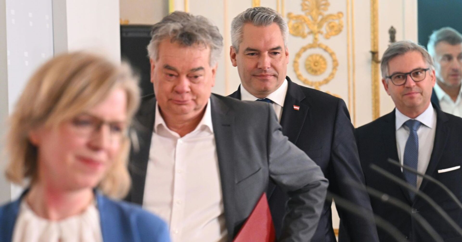 Infrastrukturministerin Leonore Gewessler (Grüne), Vizekanzler Werner Kogler (Grüne), Bundeskanzler Karl Nehammer (ÖVP) und Finanzminister Magnus Brunner (ÖVP) am Mittwoch, 6. März 2024, anl. einer Sitzung des Ministerrates im Bundeskanzleramt in Wien