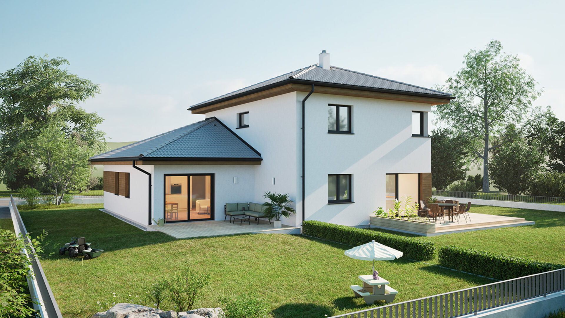 Modernes Wohnhaus mit weißer Fassade mit Garten | Credit: HARTL HAUS