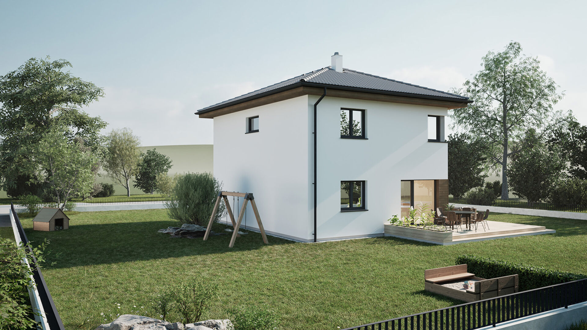 Modernes Wohnhaus mit weißer Fassade mit Garten | Credit: HARTL HAUS