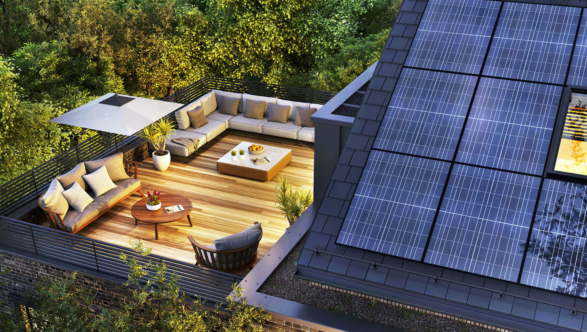Haus mit Solar-Dach und Gartenterrasse | Credit: iStock.com/sl-f