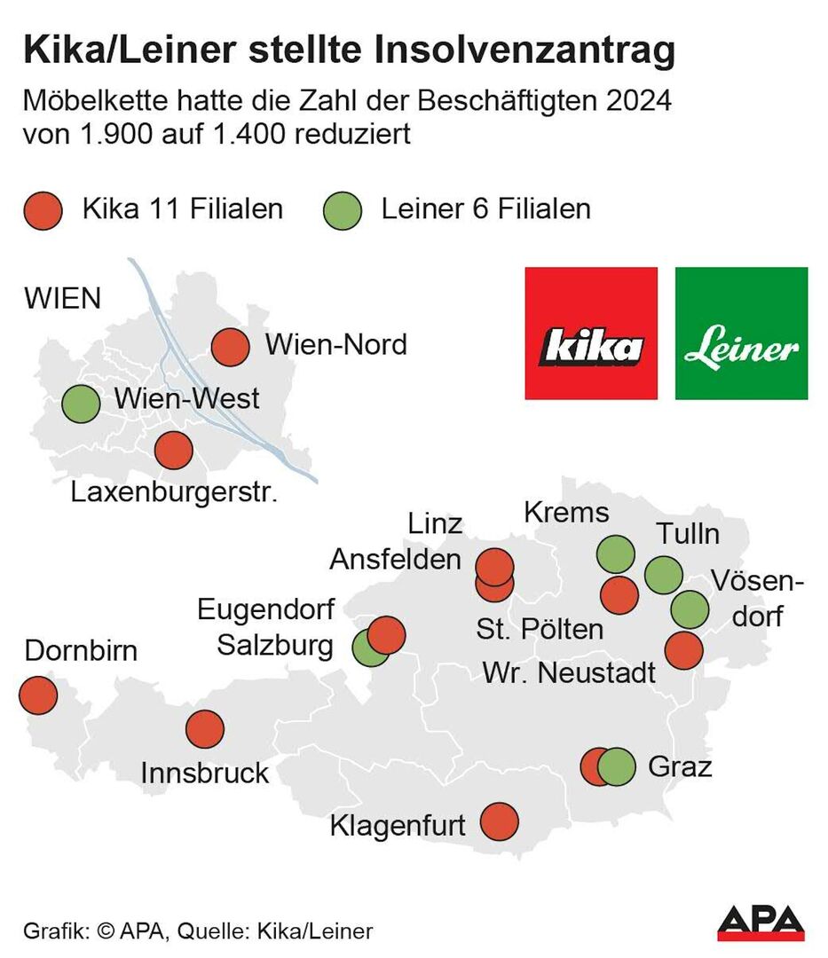Karte der derzeitigen Standorte von kika/Leiner.
