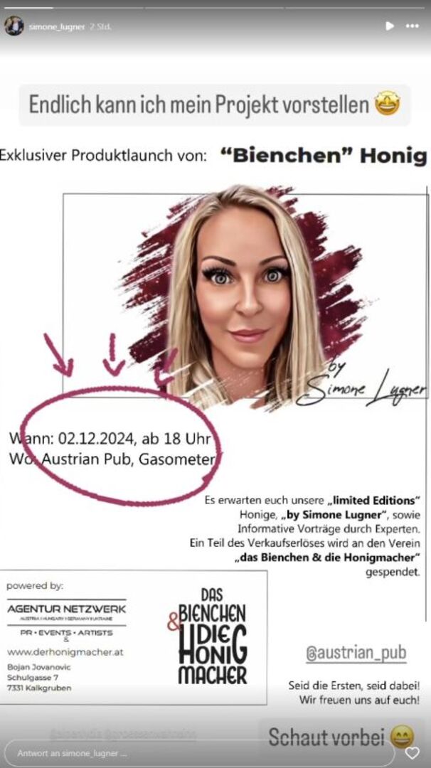 Simone Lugners Flyer für die Präsentation ihres Honigs im Gasometer.
