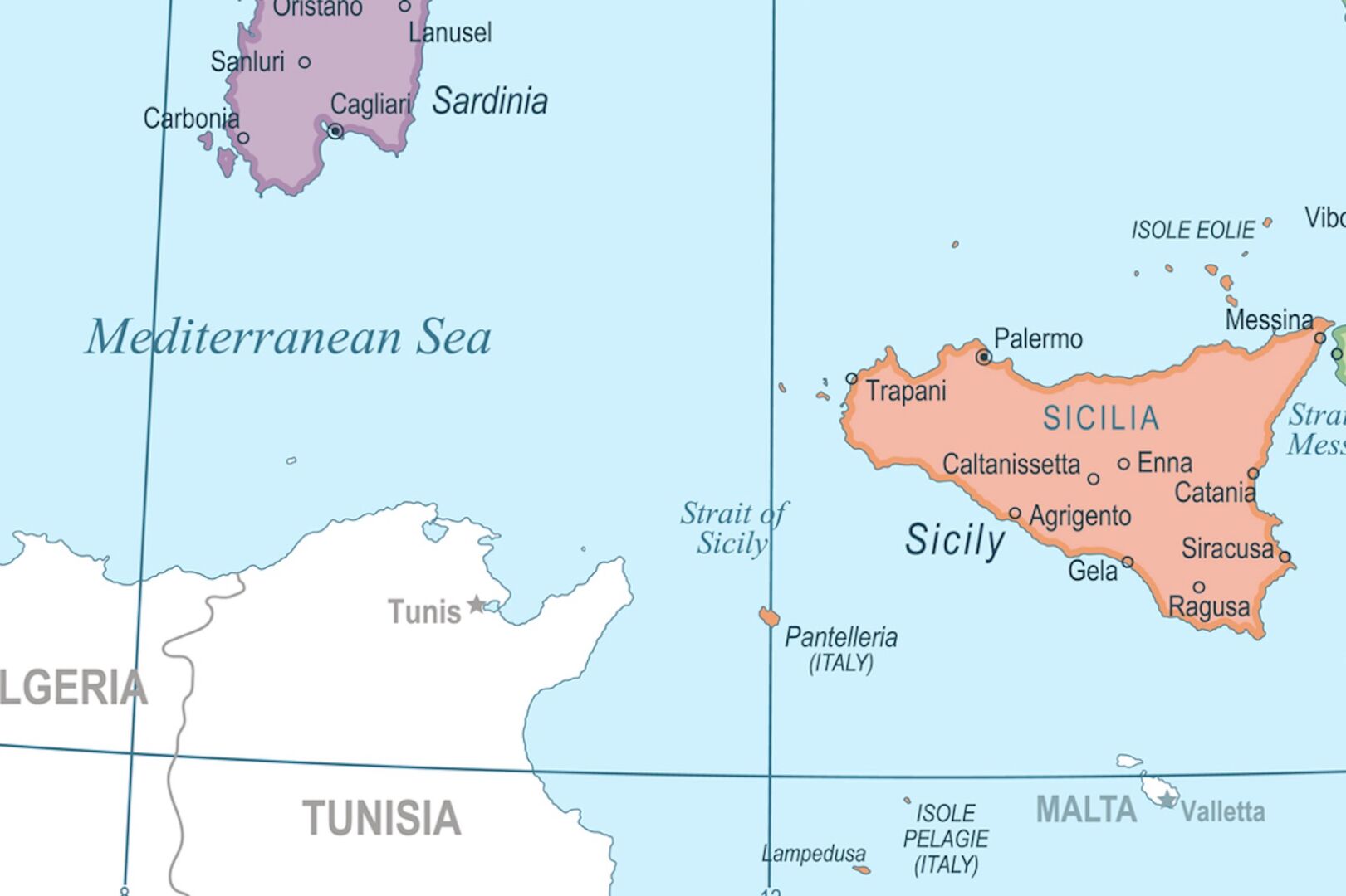 Karte, auf der die Meerenge &quot;Straße von Sizilien&quot; zwischen Sizilien und Tunesienzu sehen ist.