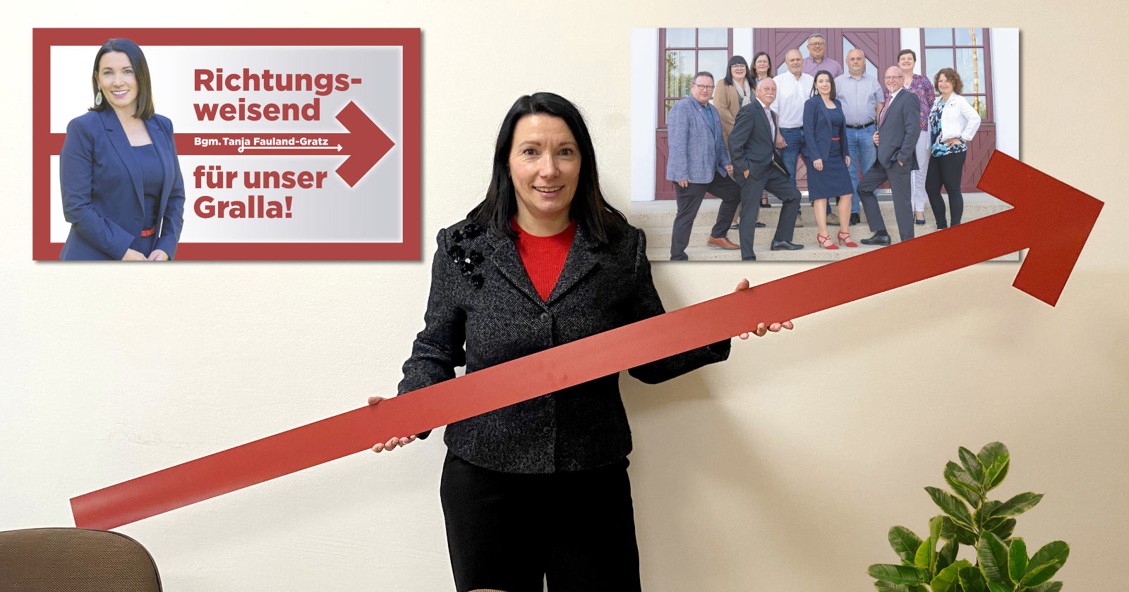 Eine Frau hält einen roten großen Pfeil in der Hand