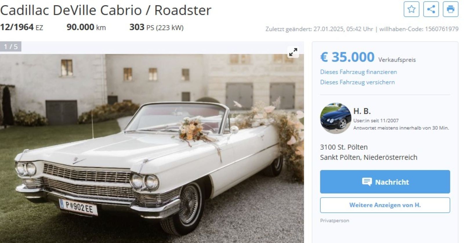 "willhaben"-Anzeige von Fendrichs Cadillac