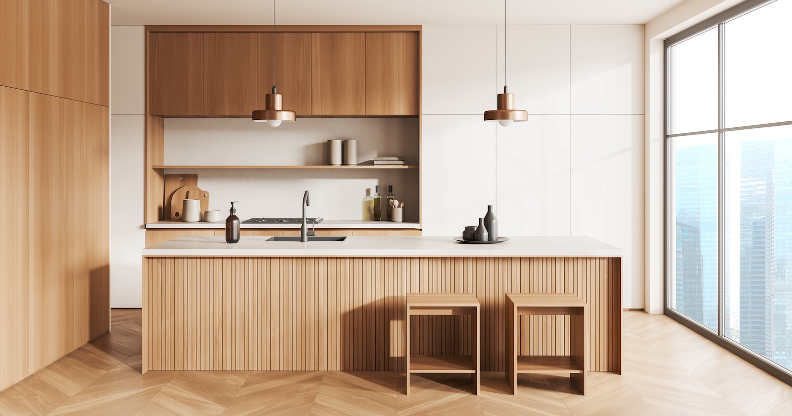 Eine Küche aus Holz und in hellen Farben.