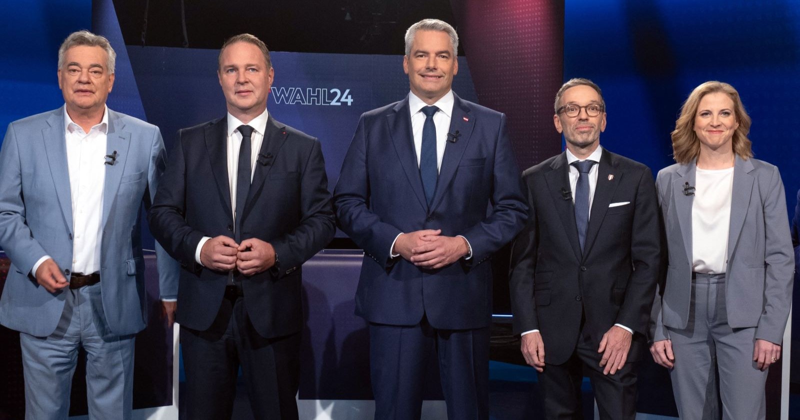 Karl Nehammer (ÖVP), Herbert Kickl (FPÖ), Werner Kogler (Grüne), Andreas Babler (SPÖ), Beate Meinl-Reisinger (NEOS)