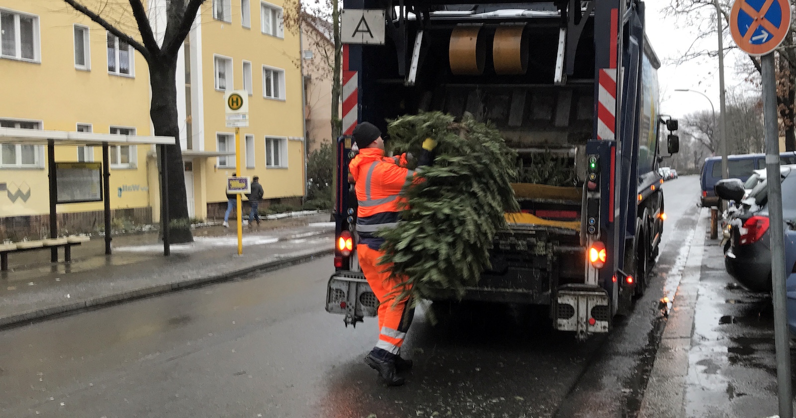 Männer holen alte Christbäume zur Entsorgung ab.