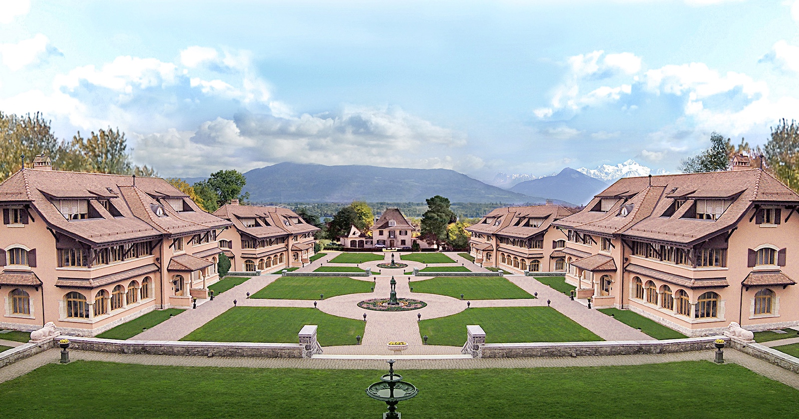 Ansicht mehrerer historischer Gebäude und Park, symmetrisch angelegt