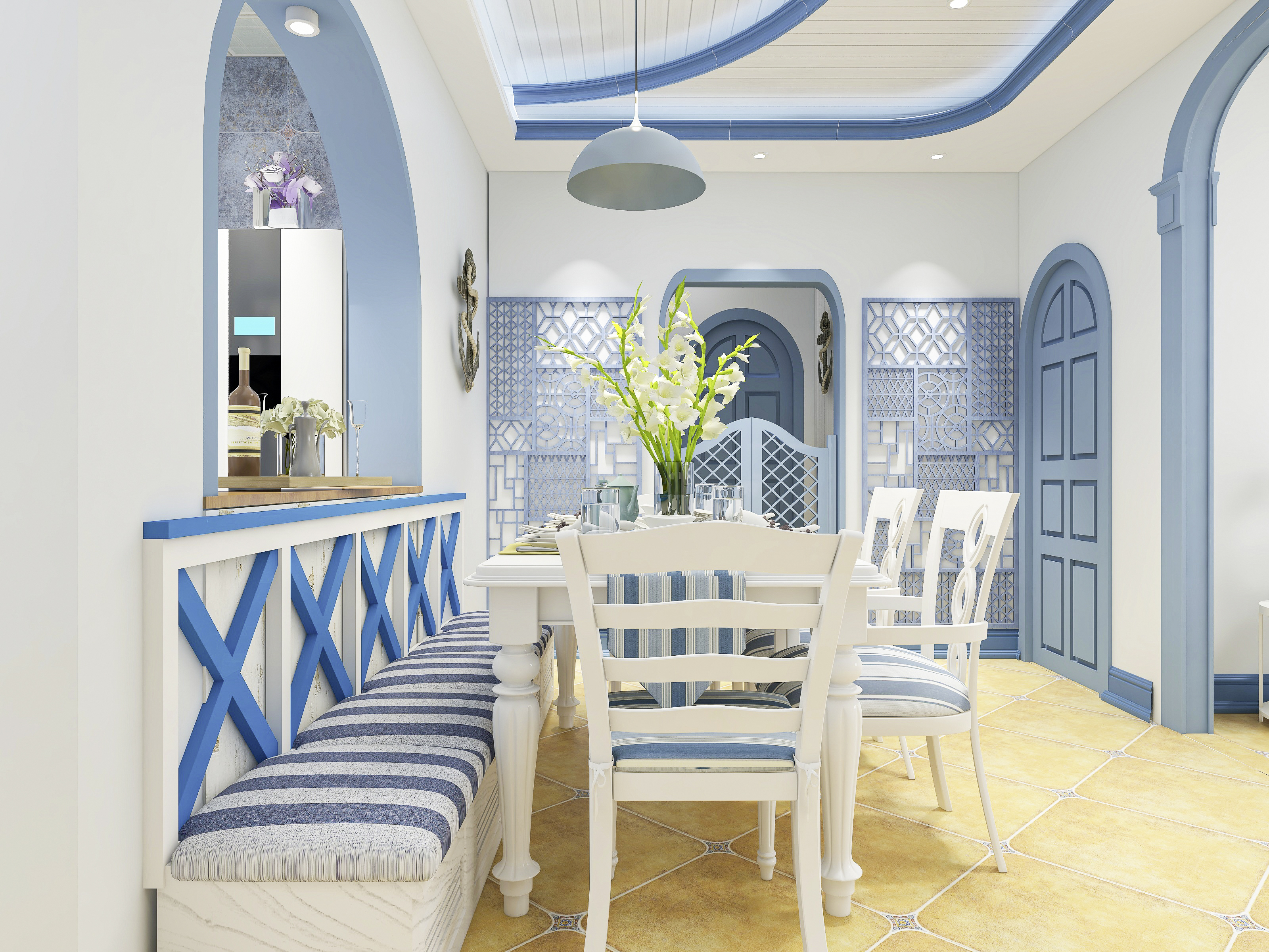 Blau-weiße Inneneinrichtung