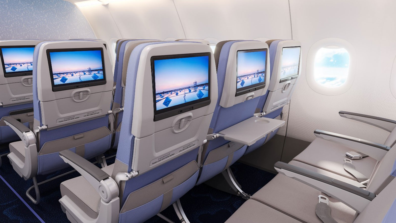 Sitzreihen mit Bildschirmen zur Unterhaltung der Fluggäste | Credit: China Airlines