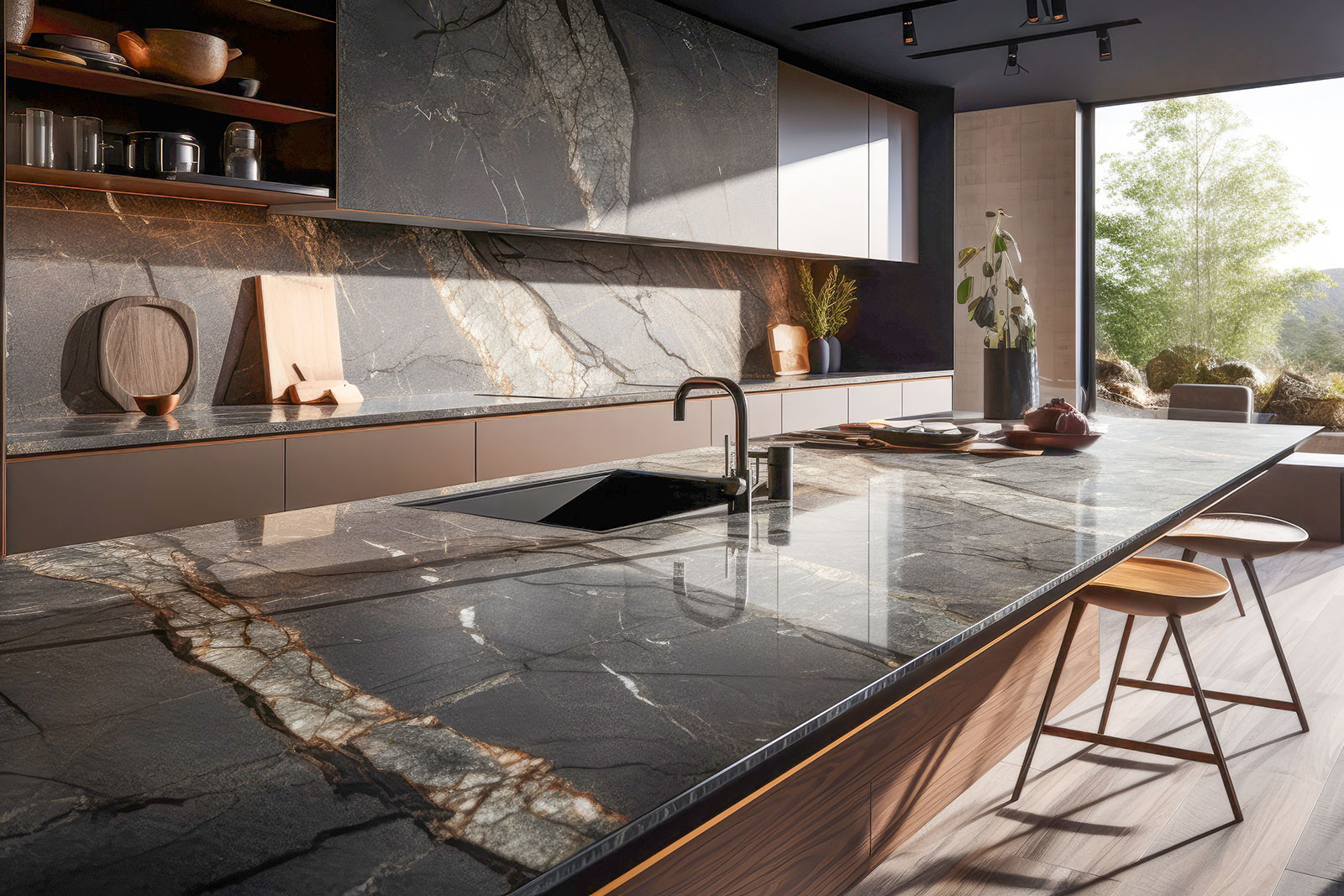 Küche in Anthrazit mit Holzelementen | Credit: XXXLutz