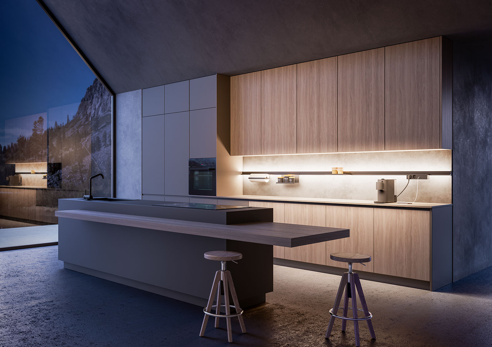 Stilvoll beleuchtete Küche mit Holz-Fronten | Credit: XXXLutz