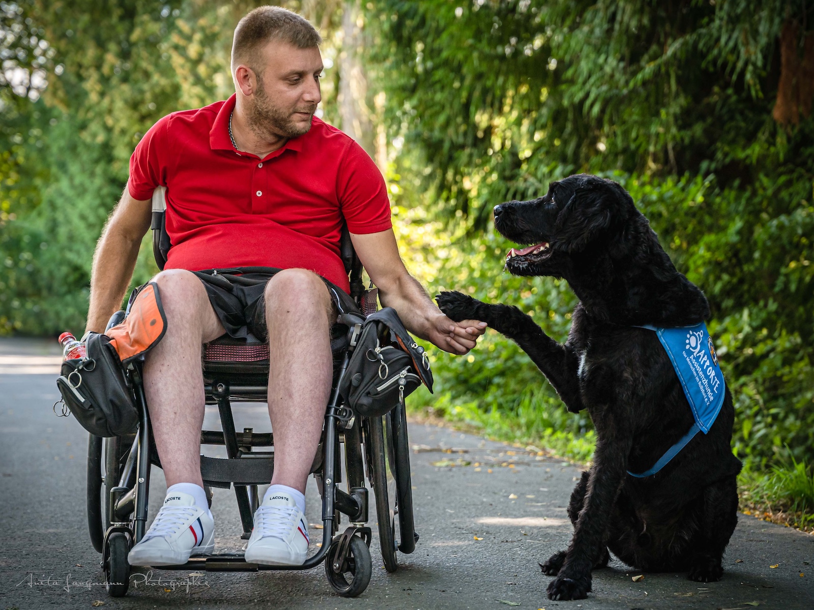 Ein Rollstuhlfahrer mit seinem schwarzen Assistenzhund.