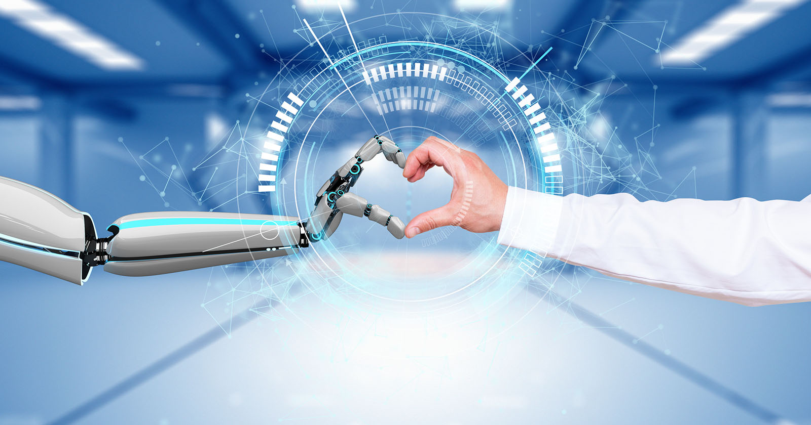 Businessman Robot Hands Heart Connection HUD Network stock photo