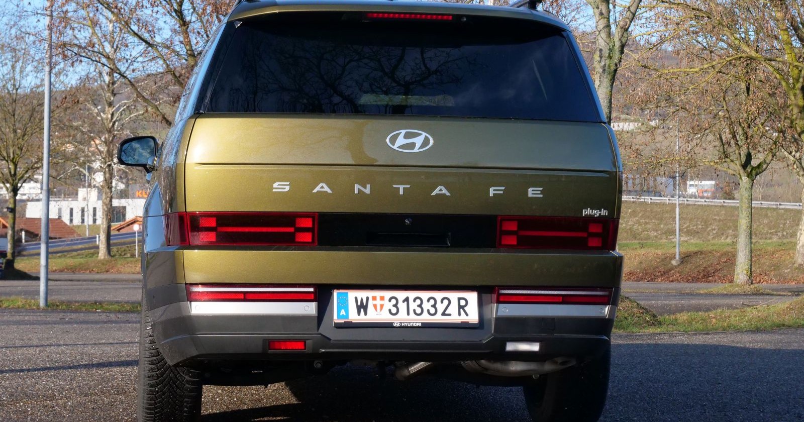 Ein Olive-grüner Hyundai Santa Fe parkt vor einer Wiese. Auf der Wiese wachsen einige junge Bäume, diese haben aber noch keine Blätter. Das Auto, das von hinten zu sehen ist, wird von der Sonne angestrahlt.