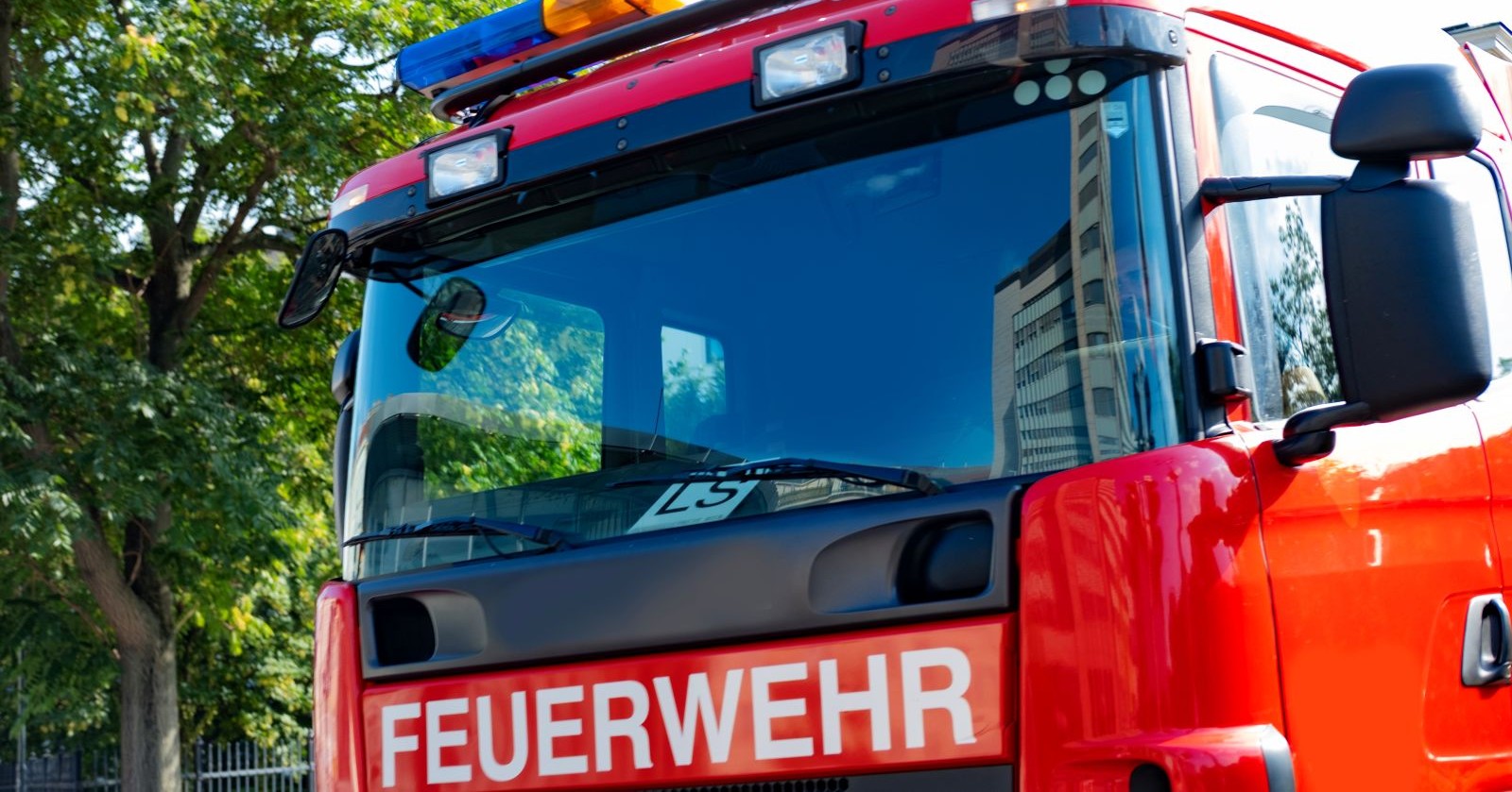 Feuerwehrfahrzeug neben Baum