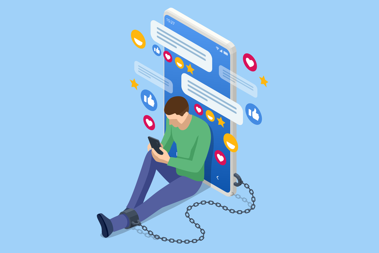 Illustriertes Bild, das einen Mann angekettet an sein Smartphone zeigt