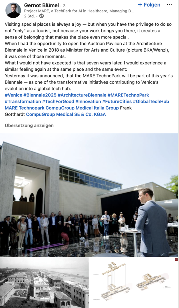 Gernot Blümel postet auf LinkedIn Details zu seinem neuen Projekt.