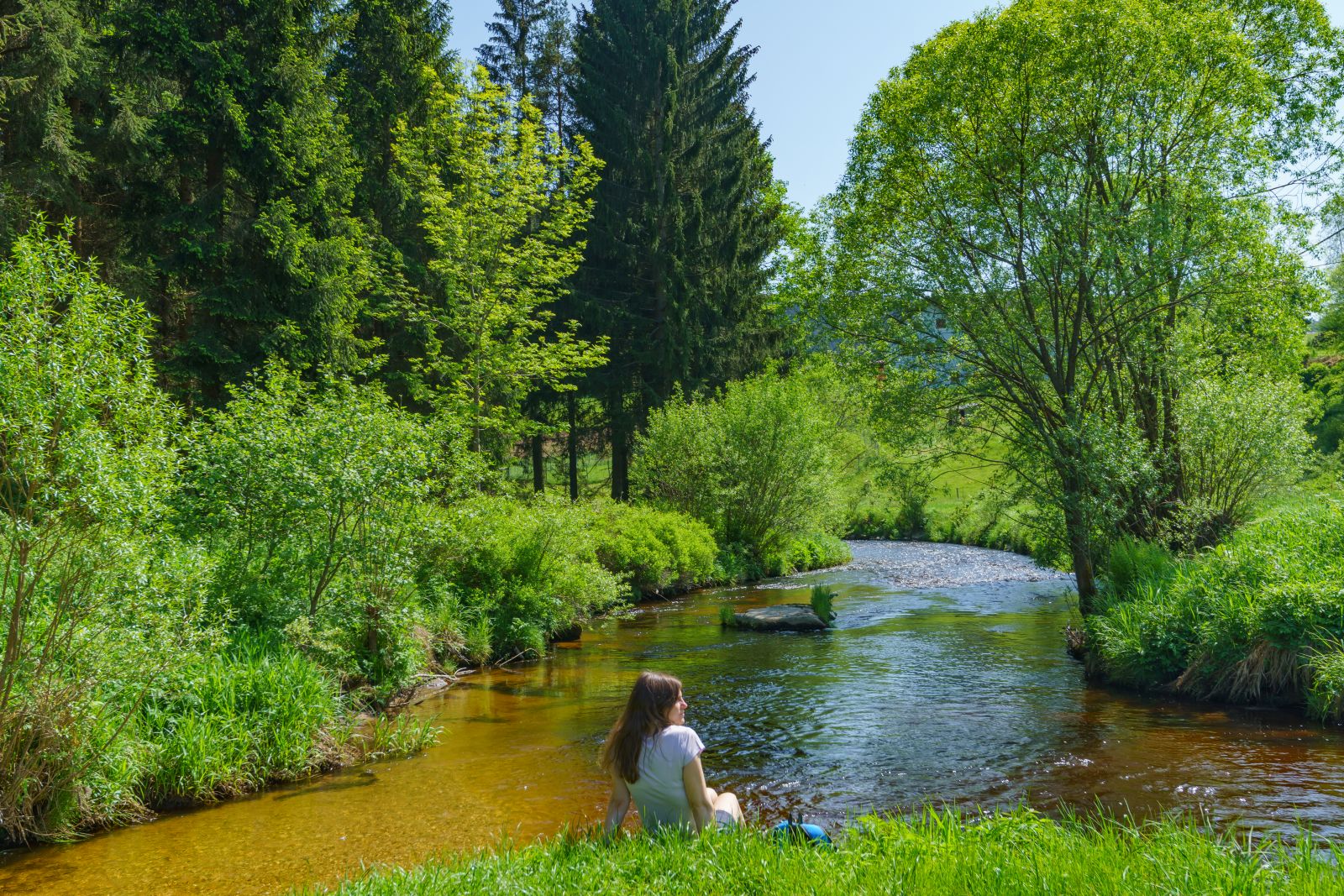 Eine Frau sitz in der Wiese, vor ihr die Aist, ein Flusslauf im Mühlviertel, umgeben von Bäumen, einer wildromantischen Natur.