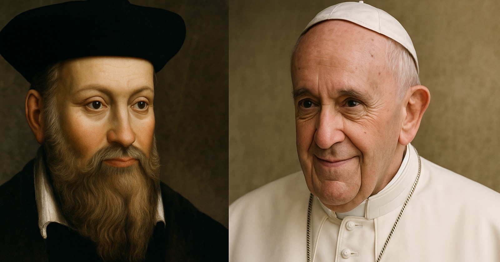 Porträt von Michel de Nostradamus mit dunkler Kleidung und Bart, daneben Papst Franziskus in weißem Ornat – symbolische Gegenüberstellung im Kontext prophetischer Deutungen seines Todes.