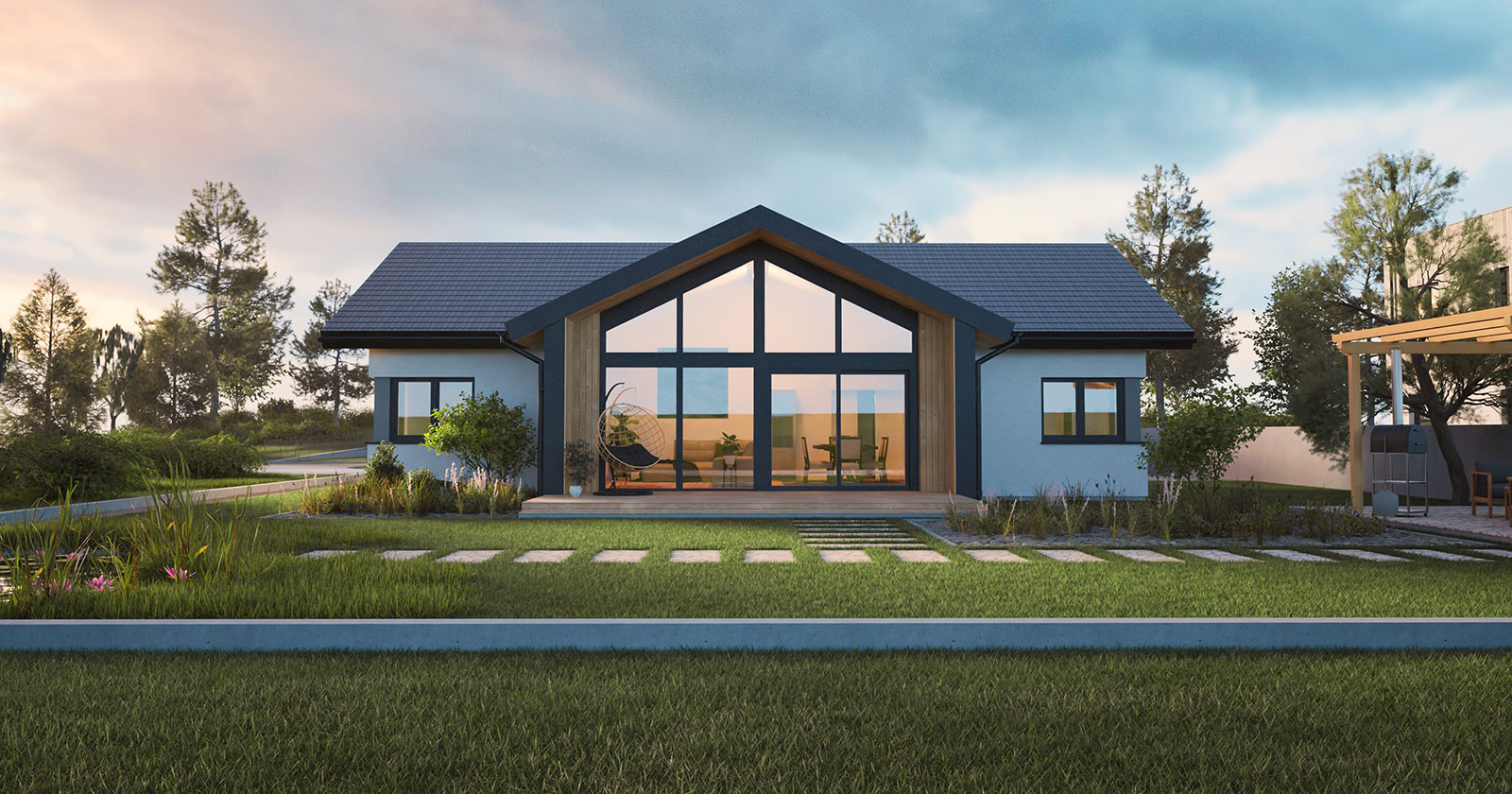 Bungalow mit hohen Fensterfronten im Sonnenuntergang | Credit: HARTL HAUS