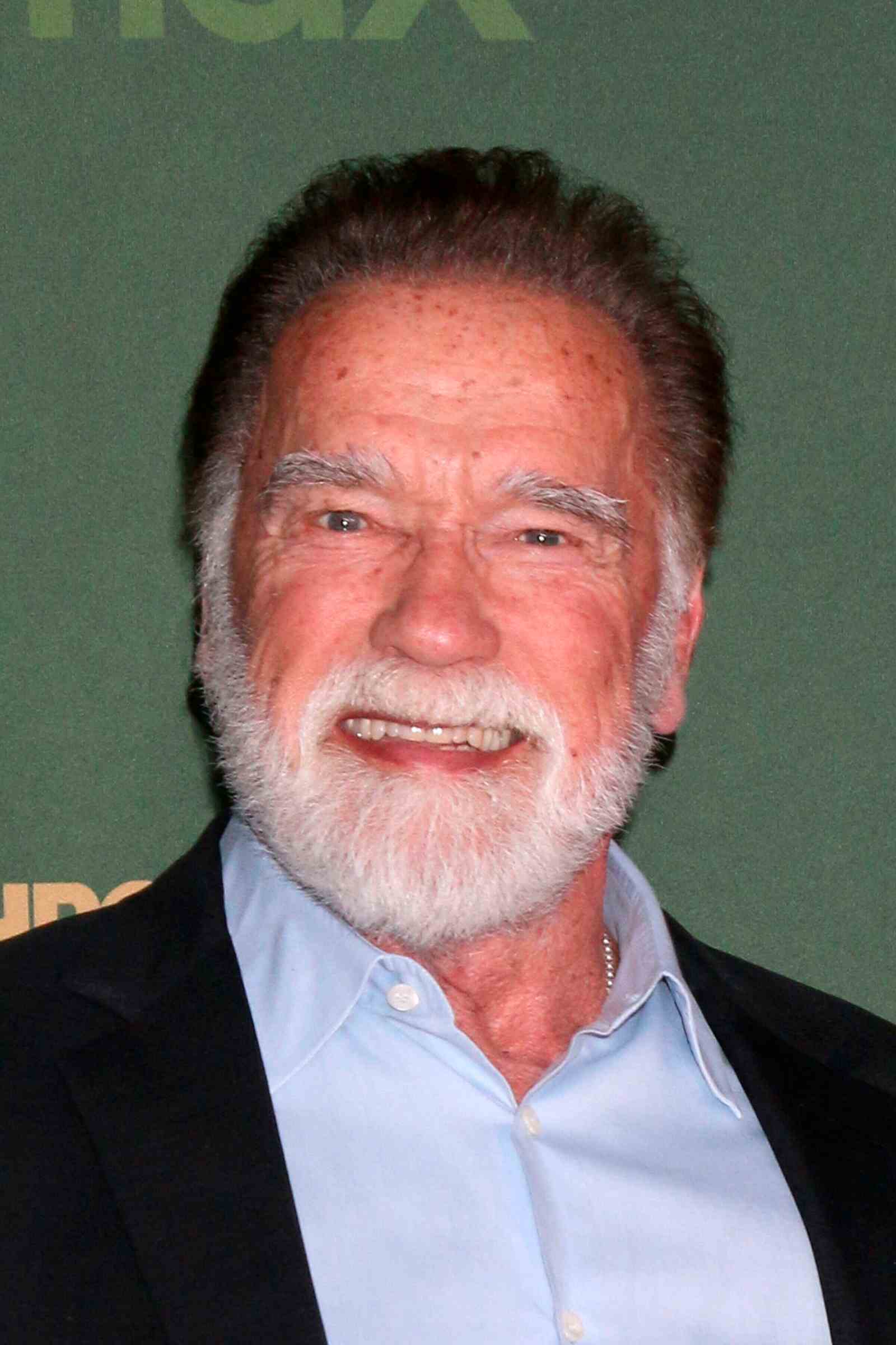 Arnold Schwarzenegger freundlich lächelnd mit weißem Vollbart, mit blauem Hemd und schwarzem Sakko mit grünem Hintergrund.