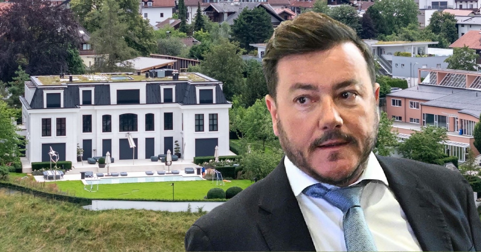 Fotomontage: René Benko vor seiner Luxusvilla in Innsbruck