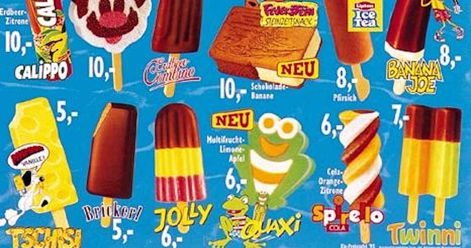 Eskimo-Eiskarte von 1996, das Brickerl war neben Jolly und Tschisi fixer Bestandteil.